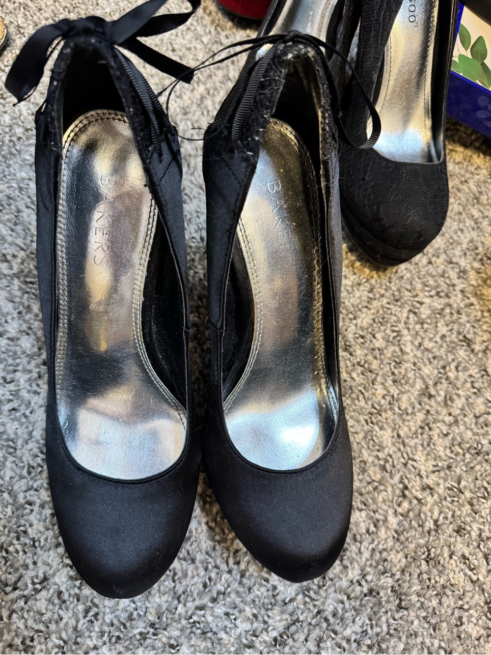 Beautiful Bakers Black Satin with a Lace Back Heel, High Heels, Size 8.